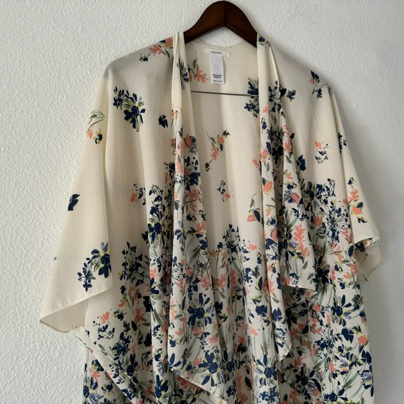 Open Front Cream Ditsy Floral Kimono One Size Boho Chic Flowy Summer Layering - Picture 3 of 8